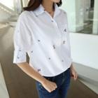 Tab-sleeve Floral-embroidered Shirt
