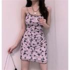 Butterfly Print Spaghetti-strap Mini Sheath Dress Purple - One Size