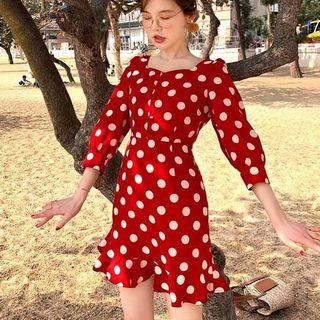 3/4-sleeve Polka Dot Blouse / A-line Mini Dress