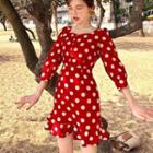 3/4-sleeve Polka Dot Blouse / A-line Mini Dress