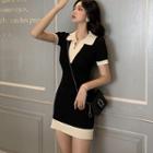 Short-sleeve Two-tone Collared Dress Black - One Size