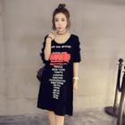 Perforated Elbow-sleeve Lettering T-shirt Dress