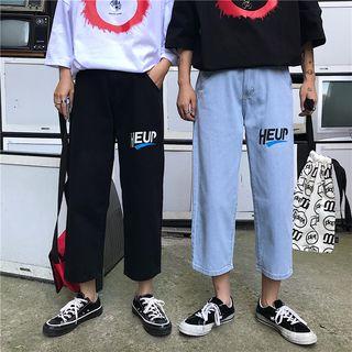 Letter Embroidered Cropped Straight-fit Jeans