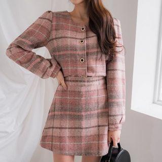 Set: Square-neck Plaid Blouse + Mini Skirt