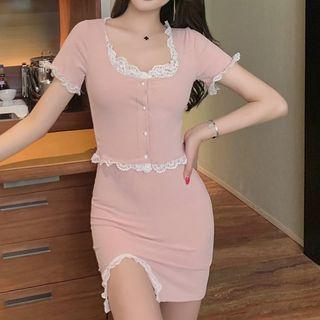 Set: Spaghetti Strap Eyelet Lace Mini Bodycon Dress + Short-sleeve Top