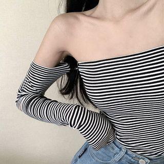 Long-sleeve Off-shoulder Striped T-shirt Stripes - Black & White - One Size