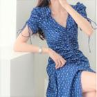 Short-sleeve Drawstring Floral Print Midi Dress Blue - One Size