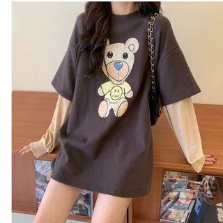 Mock Two-piece Bear Print Long-sleeve T-shirt