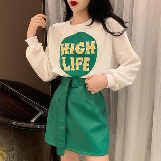 Set : Long-sleeve Top + High-waist Semi Skirt