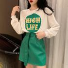 Set : Long-sleeve Top + High-waist Semi Skirt