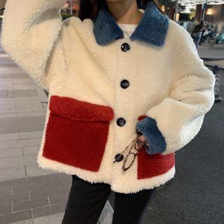 Paneled Faux Shearling Collared Jacket White - One Size
