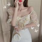 Short-sleeve Embroidered Mesh Blouse