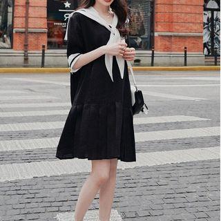 Elbow-sleeve Sailor Collar Pleated A-line Dress