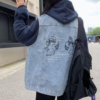 Lettering Back Sleeveless Button Denim Jacket