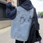 Lettering Back Sleeveless Button Denim Jacket