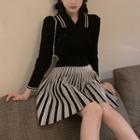 Long-sleeve Knit Polo Shirt / Mini A-line Skirt