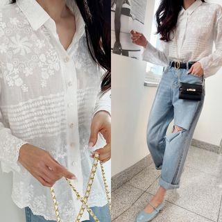 Scallop-edge Embroidered Shirt Ivory - One Size
