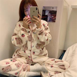 Set:printed Long-sleeve Coral Fleece Top + Pants As Figure - One Size
