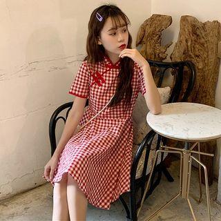 Short-sleeve Mini Plaid Qipao