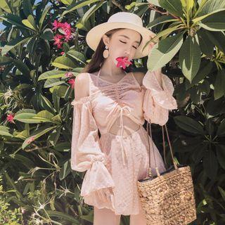 Cold-shoulder Dotted Drawstring Swimdress