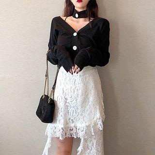 V-neck Cardigan / Asymmetric Hem Lace Midi Skirt