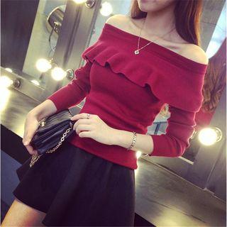 Ruffle Off-shoulder Long-sleeve Knit Sweater