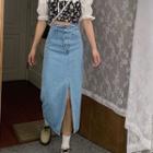 Flower Print Cropped Camisole Top / Short-sleeve Blouse / Side-slide Denim Midi Pencil Skirt