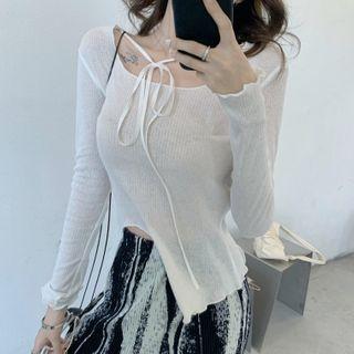Long-sleeve Tie-strap T-shirt / Two-tone Wide-leg Pants