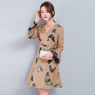 Butterfly Print Lace Hem 3/4 Sleeve Dress