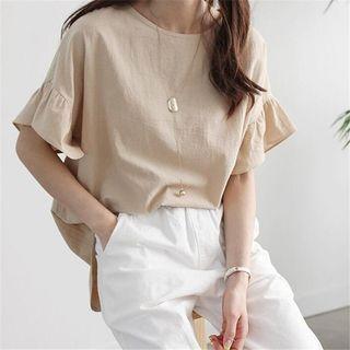 Short-sleeve Plain Ruffle Loose-fit Top