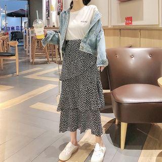 Set: Denim Jacket + T-shirt + Layered Polka-dot Maxi Skirt