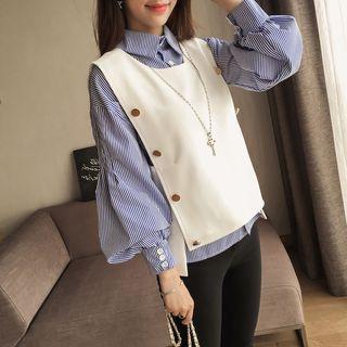 Set: Striped Puff-sleeve Shirt + Button Detail Shirt