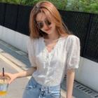 Short-sleeve V-neck Lace Cut-out Blouse