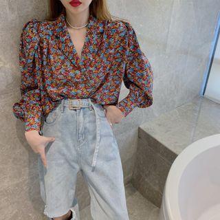 Floral Puff-sleeve Loose Shirt Floral - One Size