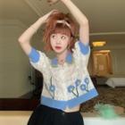 Short-sleeve Floral Embroidered Polo Knit Top Blue - One Size