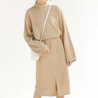 Set: Mock Neck Sweater + Buttoned Straight Fit Skirt
