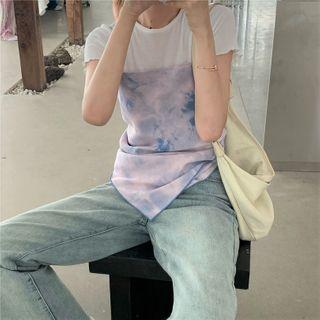 Short-sleeve Plain T-shirt / Spaghetti Strap Tie-dye Print Top