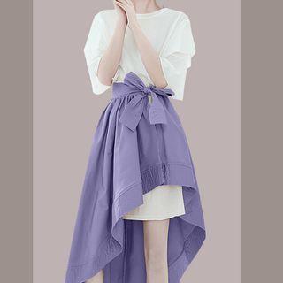 Set: Elbow-sleeve T-shirt Dress + Asymmetrical Midi A-line Skirt