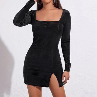 Long-sleeve Square Neck Slit Velvet Mini Bodycon Dress