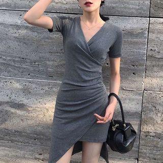 Asymmetric Hem Short Sleeve V-neck Bodycon Dress