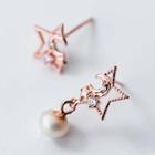 Non-matching 925 Sterling Silver Faux Pearl Moon & Star Dangle Earring