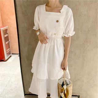 Ruffle Trim Puff-sleeve Layer Pleated Mermaid Dress
