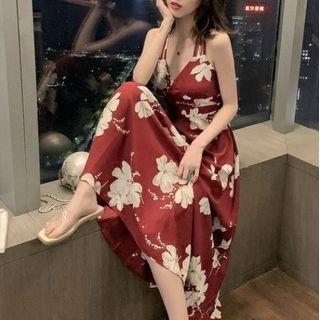 Spaghetti Strap Open-back Floral Midi A-line Dress