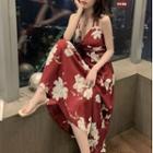 Spaghetti Strap Open-back Floral Midi A-line Dress