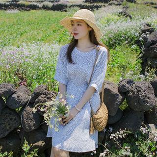 Elbow-sleeve Puff-sleeve Smock-waist Foliage A-line Dress