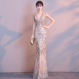 V-neck Sequined Sleeveless Mermaid Evening Gown