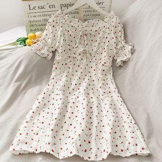 Boatneck Ruffled-trim Printed Mini Dress