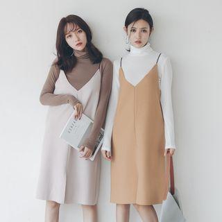 Set: Turtleneck Long-sleeve Top + Spaghetti Strap Midi Dress