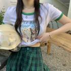 Short-sleeve Cat Print T-shirt / Plaid Wide Leg Pants