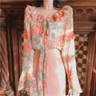 Floral Ruffle Trim Blouse / Plain Slit Midi Mermaid Skirt
